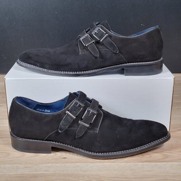 Mezlan Meier Double Monk Strap Shoes Mens Size 10.5 M Black Suede Chisel Toe - Picture 1 of 10